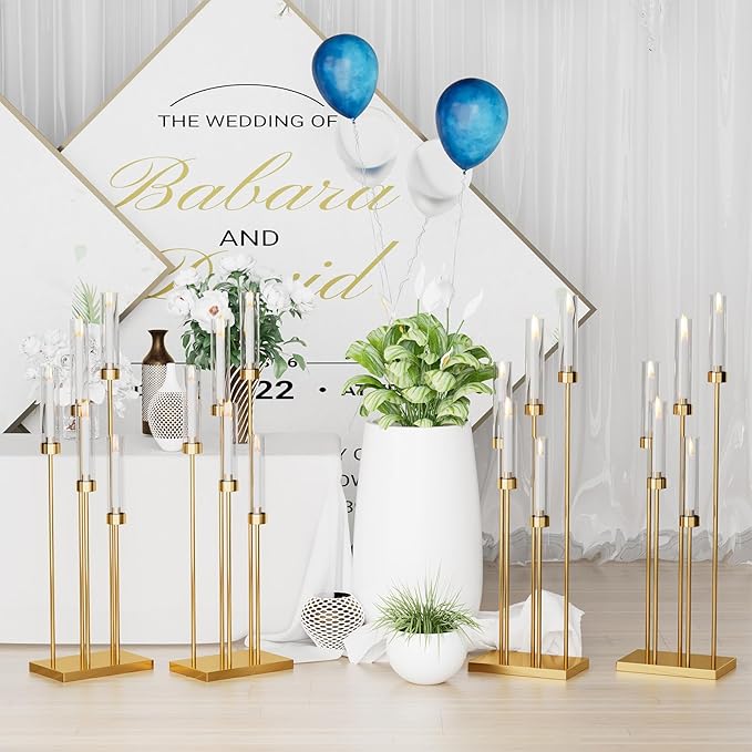 42.5'' Floor Candelabra 5 Arm Candelabra Centerpieces for Tables Gold Candle Sticks Holder 4 Set Tall Metal Candlestick with Acrylic Lampshades for Home Christmas Party (Square)