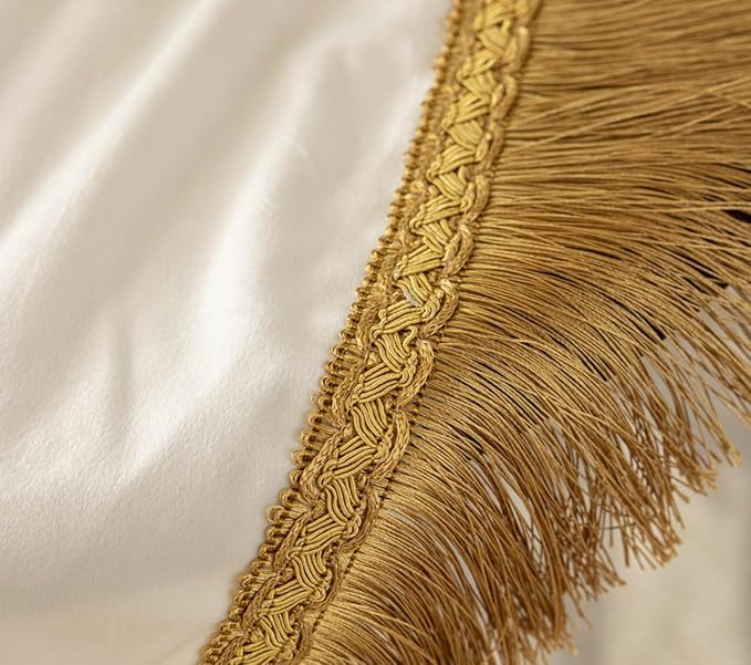 F-CHU White Tablecloth Thickset Velvet Tablecloth with Beautiful Gold Tassels Vintage Table Cloth for Home Decor Wedding, Party, Banquet and Events 70" Round