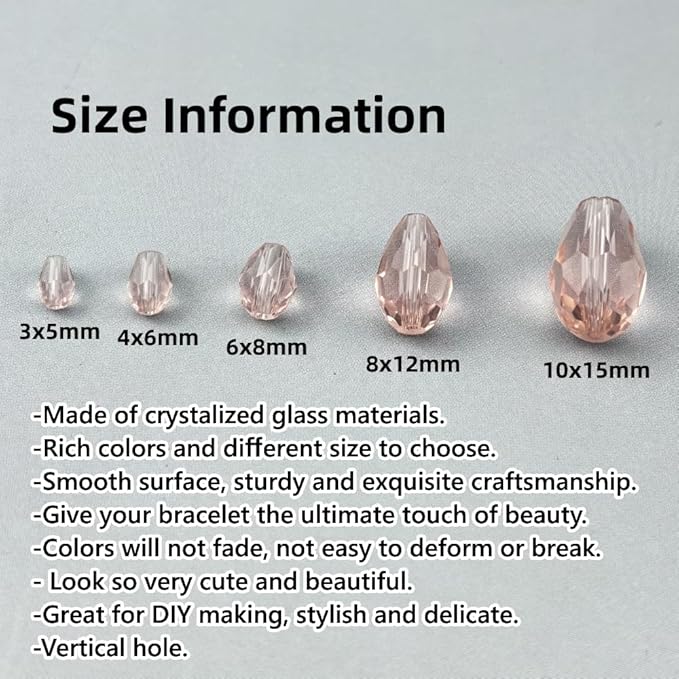 200pcs 3x5mm Teardrop Crystal Glass Beads for Jewelry Making, Faceted Vertical Hole Teardrop Glass Spacer Beads for Wind Chimes Bracelet Earring Necklace DIY Craft(Pink)