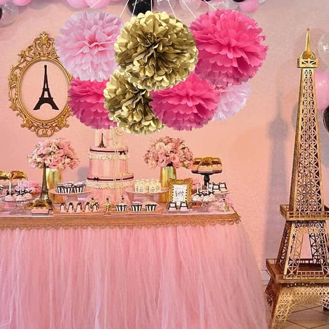 Gold Hot Pink and Pink Paper Flower Tissue Pom Poms for Baby Shower Bridal Engagement Bachelor Birthday Valentine's Day Theme Party, 12pc