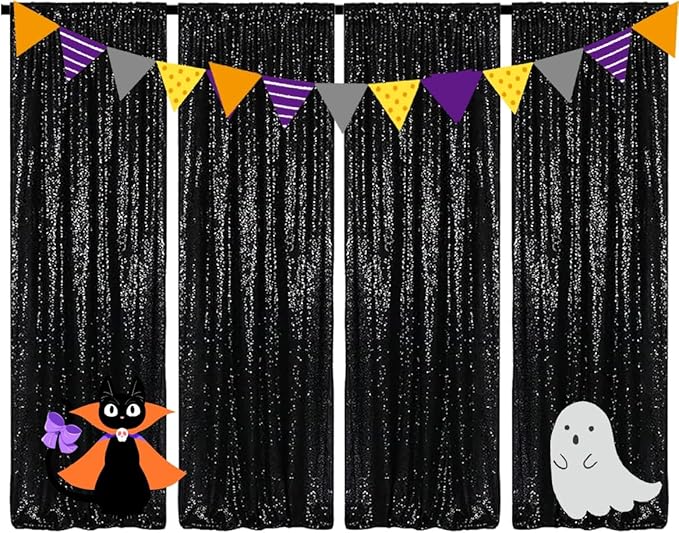 Black Sequin Backdrop Curtains 4 Panels 2FTx8FT Wedding Photo Backdrop Glitter Birthday Bridal Party Curtains Sparkle Background Drapes Parties Decor Curtains