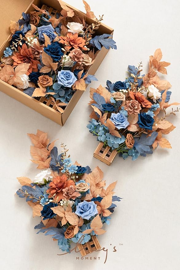 Ling's Moment 17.5" Tall Standing Artificial Flowers Arrangements 4pcs Fall Wedding Aisle Runner Chair Decorations Russet Orange & Denim Blue Centerpieces for Ceremony Reception Floral Party Outdoor