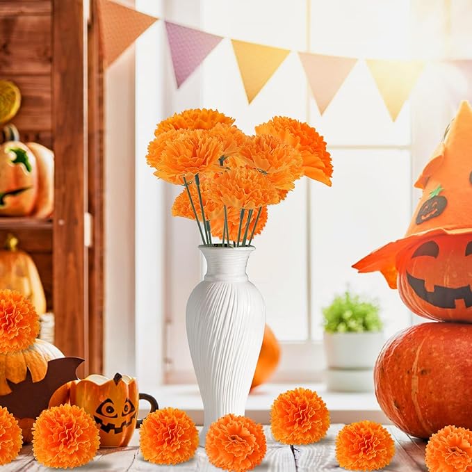 Hananona 100 Pcs Marigold Flower Heads Bulk, Silk Marigold Heads Artificial Flowers for Diwali Home Decor DIY Wreath Garland Day of The Dead Decoration (100, Orange)