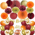 Fall Birthday Decorations Burgundy and Orange Party Decorations Pom Poms Flowers Paper Lanterns Fans Autumn Burgundy Birthday Decorations with Happy Birthday Banner Cake Topper Gold for Women Girls