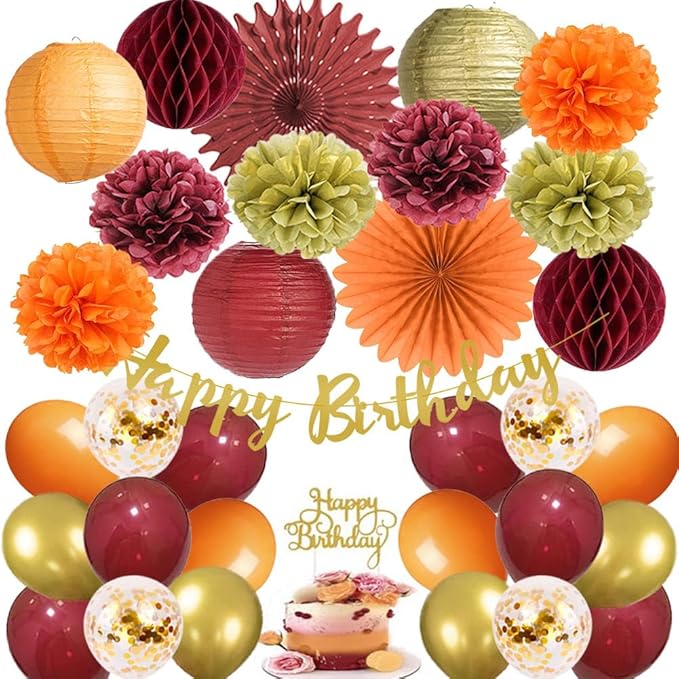 Fall Birthday Decorations Burgundy and Orange Party Decorations Pom Poms Flowers Paper Lanterns Fans Autumn Burgundy Birthday Decorations with Happy Birthday Banner Cake Topper Gold for Women Girls