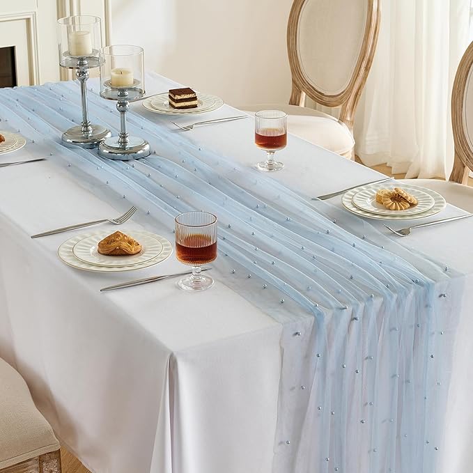 Fanami 3 Pack Pearl Table Runner -10FT Dusty Blue Boho Tulle Table Runners 120 Inches Long Rustic Sheer Lace Fabric Centerpieces for Wedding Arch Birthday Party Bridal Veil Baby Shower Decorations