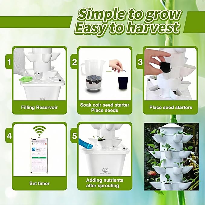 Hydroponics Growing System kit, Vertical hydroponic Garden ，Outdoor Indoor hydroponics Growing System，Lettuce Grow Tower,Pump System, Auto Timer, 30 Pods,Gardening Gift