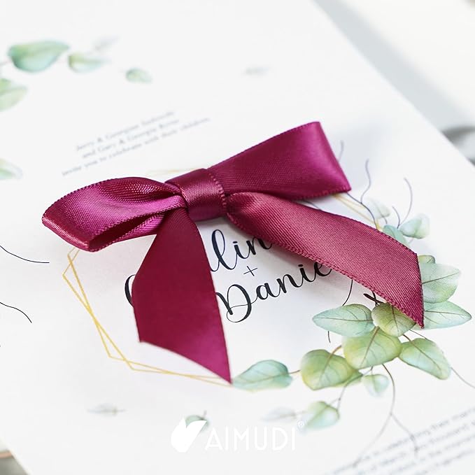 AIMUDI Burgundy Twist Tie Bows 2.5" Pre Tied Maroon Bows Premade Satin Gift Bows for Crafts Wine Bows for Treat Bags Gift Wrapping Wedding Baby Shower Party Favors Christmas Tree Decor - 50 Counts