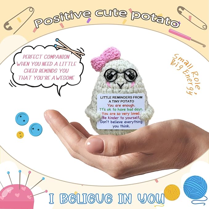Handmade Crochet Positive Potato Gifts for Women Men Daughter Son Birthday,Teacher Nurse Week Graduation Gift,Handmade Kintted Crochet Doll with Emotional Encouragement Card,Desktop Decors