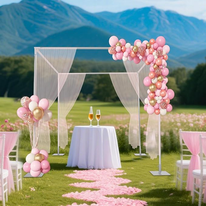 Wedding Backdrop Stand 4 Post,5ft~10 ft Adjustable Wedding Hardware Kit Chuppah Canopy Detachable Metal Background Frame Photo Booth for Party Wedding Ceremony Event