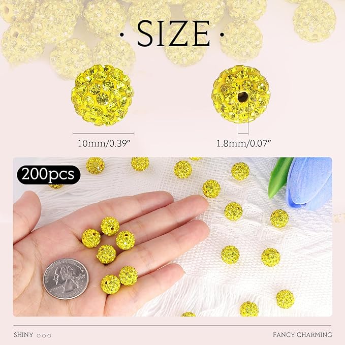 200pcs 10mm Citrine Rhinestone Beads for Jewelry Making, Shiny Round Shamballa Disco Ball Beads Bulk, Sparkle Crystal Clay Christmas for Bracelet Baseball Necklace Earring Crafting and DIY