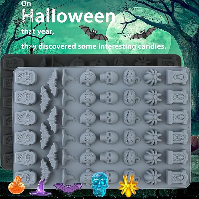 (2 Pack) Silicone Halloween Molds, 96-Cavity Pumpkin Ghost Wizard Hat Bat Spider Tombstone Skull Halloween Silicone Gummy Molds For Chocolate, Fondant, Cupcake Decoration, Biscut - Black&Gray