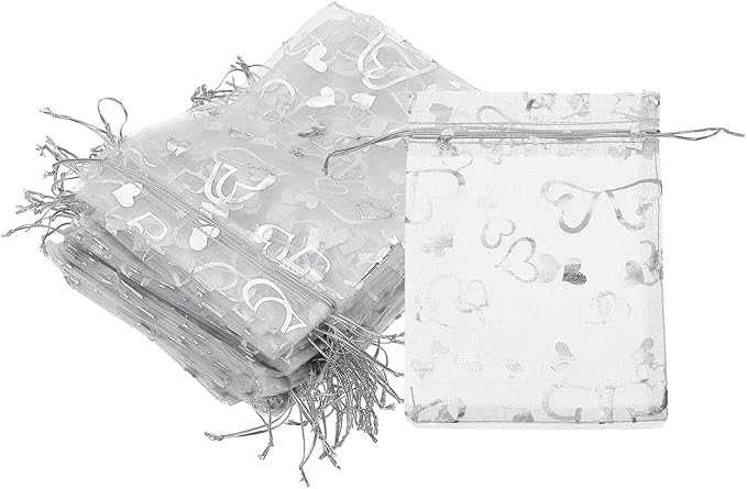 PATIKIL 100 Pcs 5x7 Inch Heart Printed Organza Bags, Silver Sheer Heart Organza Bags with Drawstring for Christmas Candy Jewelry Party Wedding Favor Gift