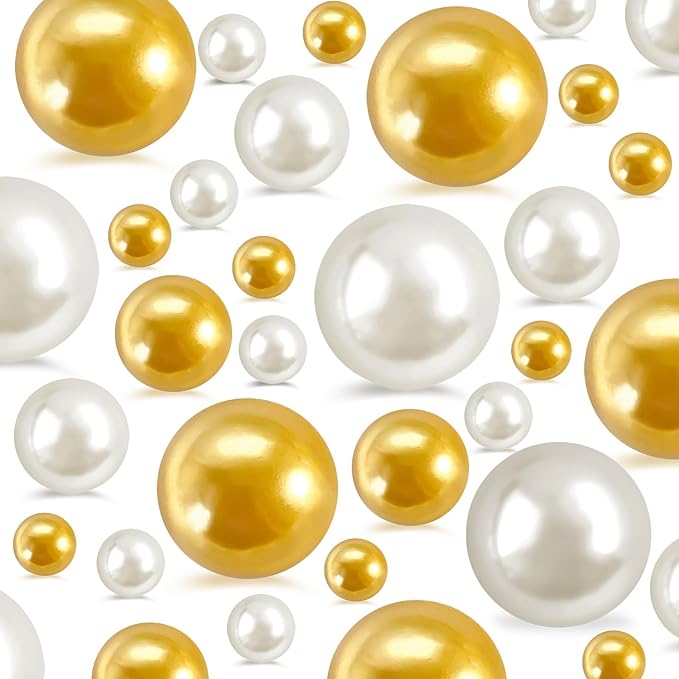 520Pcs Gold&Cream Beads for Centerpieces Decor, Artifical Pearls Vase Filler, Large Beads for Makeup Brush, No Hole Round Pearl Beads for Wedding Birthday Christmas Party Home Decor(18mm 14mm 6mm)