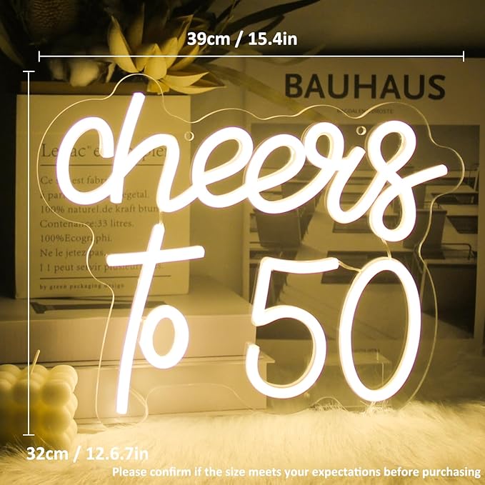 Cheers to 50 Neon Sign Happy 50th Birthday Neon Signs for Wall Decor Warm White LED Neon Light Sign Letter Neon light Cheers to 50 Years Neon Signs for Bedroom Bar Birthday Wedding Party Decor