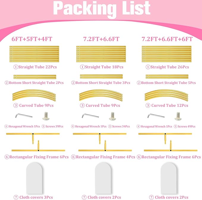 Bazen Wedding Arch Backdrop Stand 7.2FT, 6.6FT, 6FT Set of 3 Metal Arch Backdrop Stand with White Arch Cover for Birthday Party Wedding Ceremony Bridal Baby Shower Banquet Party Event Decor