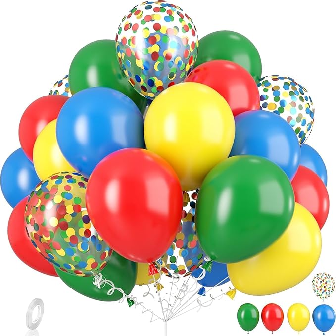Red Yellow Blue Balloons, Rainbow Assorted Latex Balloons, Red Blue Green Yellow with Colourful Confetti Balloon, for Birthday, Festival, Carnival Circus, Robot Blocks, Video Game Party Decor