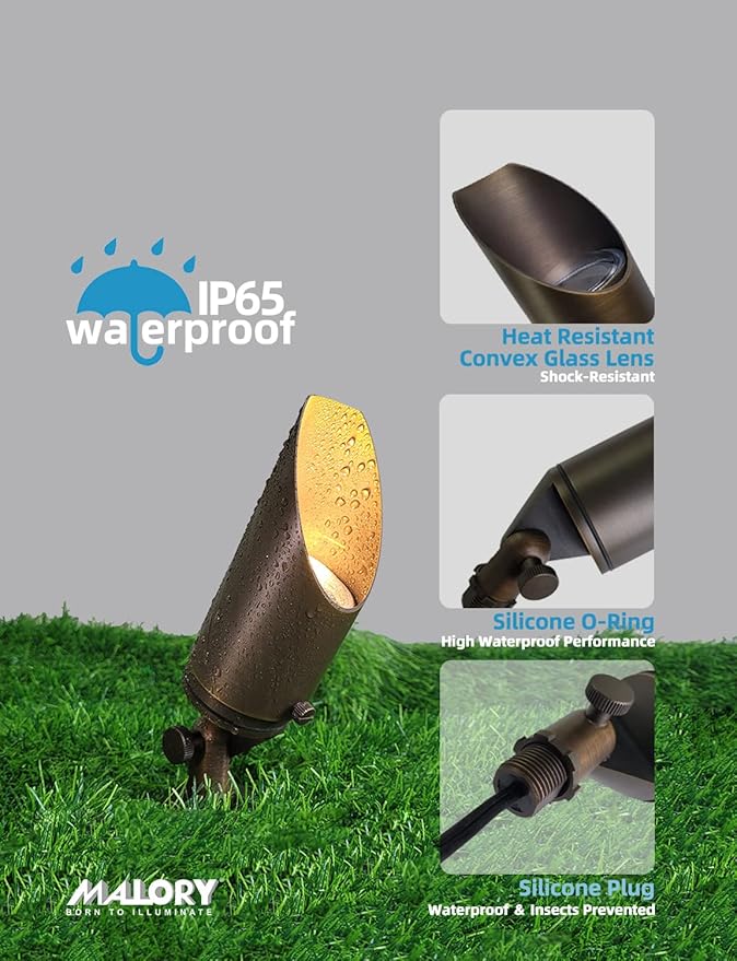 MALORY Brass Landscape Spotlight 4-Pack with 5W LED MR16 Bulb Kit(S03), 12V AC/DC Low Voltage Outdoor Landscape Lighting Shroud Adjustable,Ground Stake and Wire Connector Included,2700K Warm White