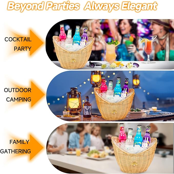 Lexenic Ice Bucket with Handle Hole, Woven and Acrylic Double Layer Basket Design, 4L Champagne Wine Ice Bucket for Cocktail Bar, Parties, Picnics- Anti Frozen Hands Anti Water Leakage (Rattan)