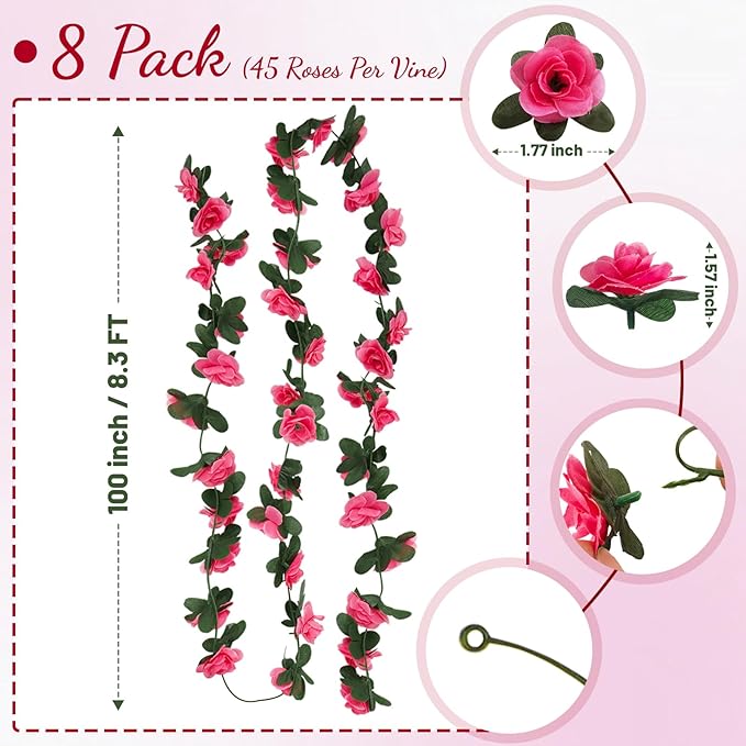 8 Pcs 65.6 Ft Flower Garland Rose Vines, Rose Garland for Decoration, Flower Vine for Room Table Birthday Wedding Party Garden Wall Decor