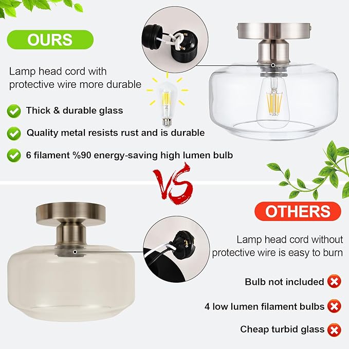Semi Flush Mount Ceiling Light Fixture - Clear Glass & Brushed Nickel Base with 900 Lumen LED - Modern Kitchen Lighting Fixtures for Bathroom Hallway Entryway
