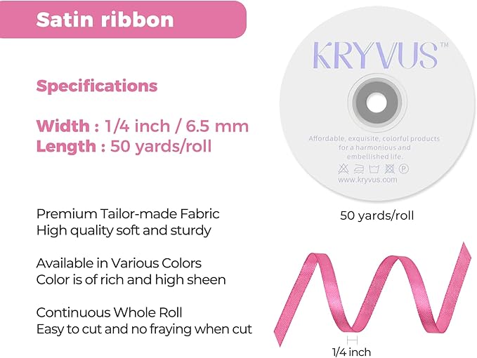 Hot Pink Satin Ribbon 1/4 inch X Continuous 50 Yards, Single Face Polyester Ribbon Perfect for Gift Wrapping, Flower Bouquet, Wedding Decor, Crafts, Bow Making, Sewing and More