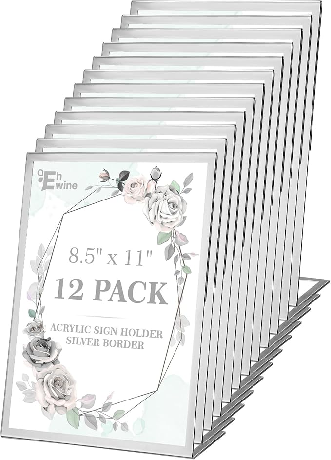 EHWINE 12 Pack Acrylic Sign Holder 8.5 x 11, Silver Picture Frame Stand up Table Top Sign Holders, Slanted Back Paper Holder Clear Display Stand Menu Flyer Holder for Wedding Party