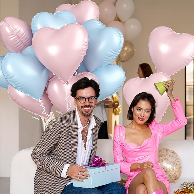 Pink Blue Heart Balloons, 18 Inch Pastel Blue Pink Foil Balloons, 18 Inch Light Pink and Blue Heart Shape Balloon for Girls Boys Birthday Baby Shower Gender Reveal Party Decorations