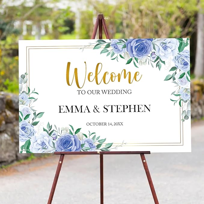 Dusty Blue and Gold Wedding Welcome Sign Template, Printable Landscape Welcome Sign with Blue White Flowers, Elegant Floral Wedding Reception Decor