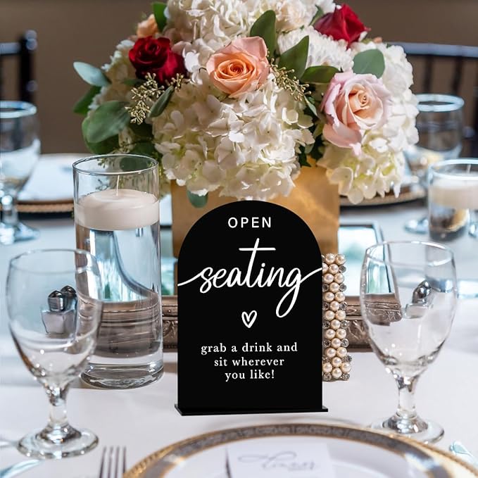Acrylic Wedding Sign Wedding Signs for Ceremony Open Seating Sign for Wedding Modern Calligraphy Arch Acrylic Table Top Sign for Wedding Reception and Event Party Table(black）