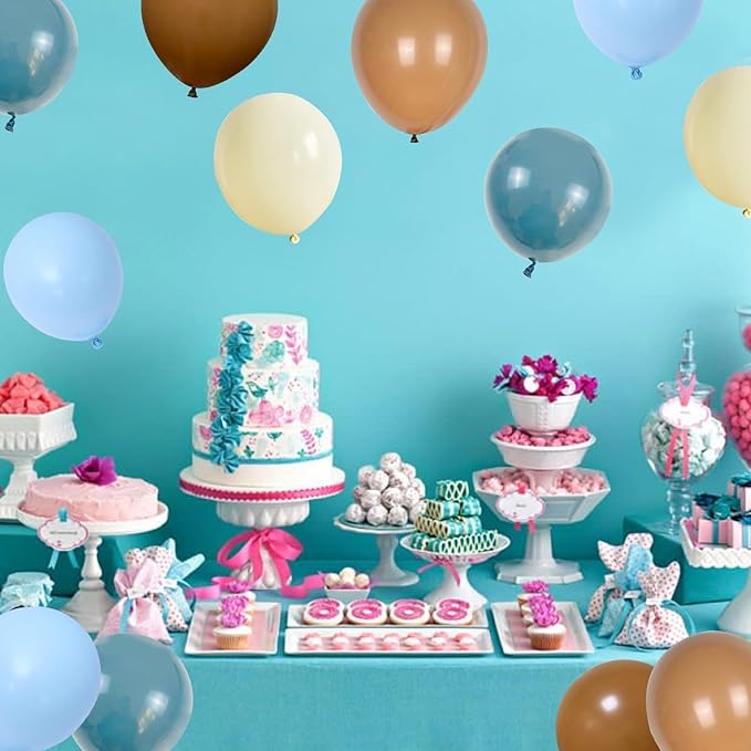 Blue Brown Balloons Set, 60 PCS Slate Blue Macaron Blue Cream Beige Party Balloons and Retro Brown Coffee Latex Helium Balloon, for Baby Shower, Bear, Jungle and Boho Theme Party Decoration