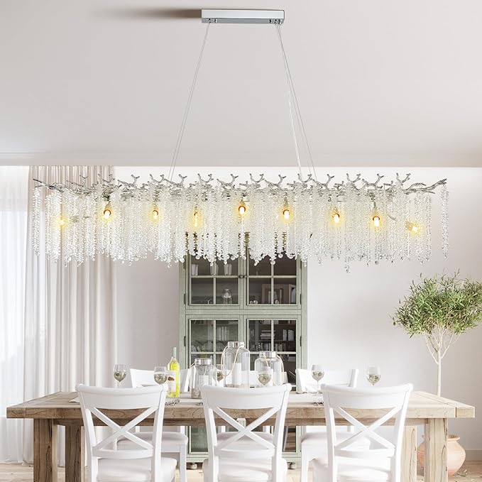 YUYI Modern Crystal Chandelier, 60" Silver Tree Branch Chandelier for Dining Room, Large Rectangular, Luxury High Ceiling Light Fixture for Living Room, Kitchen, Foyer