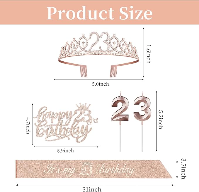 23 Birthday Decorations for Women Including Sash and Tiara, Cake Topper and Candles, 23rd Birthday Gifts for Women, Rose Gold Party Decor Supplies