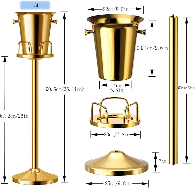 Ice Bucket with Stand Standing Champagne bucket for Party Stainless Steel Wine Bucket Wine Cooler with Stand 5L Wine Chiller for Bar Ktv Weding (gold)