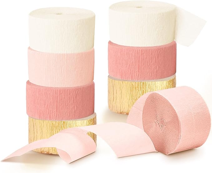 AOBKIAT Wedding Party Decorations, 8 Rolls Pink Gold Crepe Paper Streamers for Wedding, Bachelorette, Birthday, Baby Bridal Shower, Valentines Day Party Backdrop Decorations, 82ft Long