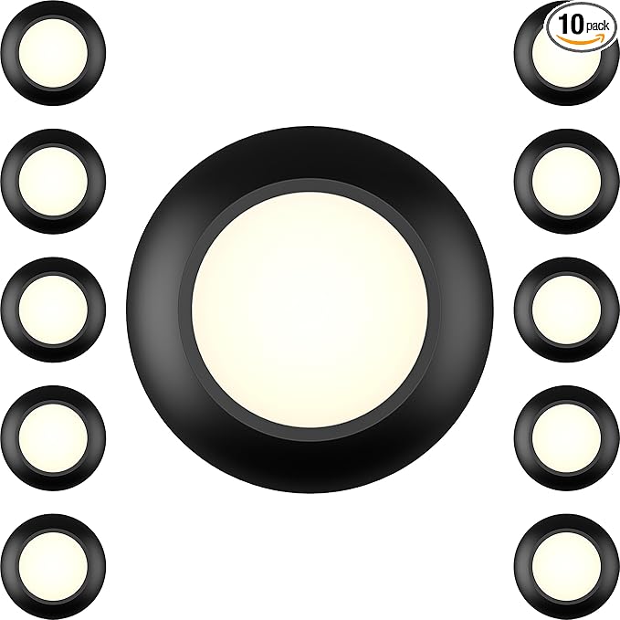 10 Packs 4 Inch Black LED Low Profile Recessed & Surface Mount Disk Light, Round, 10W, 600 Lumens, 3000K Warm White, CRI80, DOB Design, Dimmable, ETL Listed