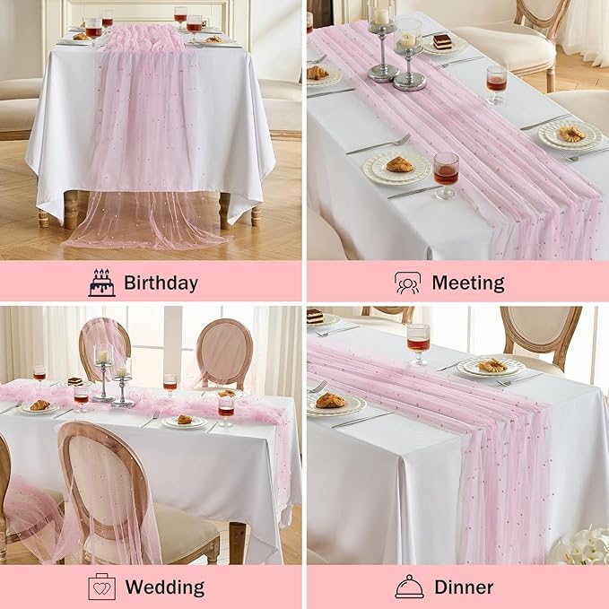 Fanami 3 Pack Pearl Table Runner -10FT Blush Pink Boho Tulle Table Runners 120 Inches Long Rustic Sheer Lace Fabric Centerpieces for Wedding Arch Birthday Party Bridal Veil Baby Shower Decorations