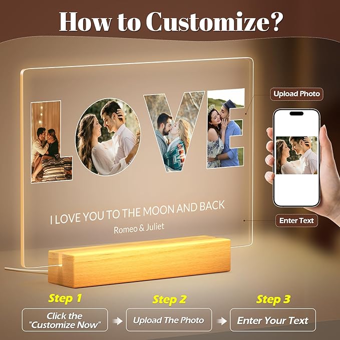 Custom Picture Frames with Photo, Personalized LOVE Photo Frame with Night Light, Customized Picture Frame, Personalized Anniversary Birthday Gifts for Women, Men, Him, Her, Girlfriend, Boyfriend, Couple