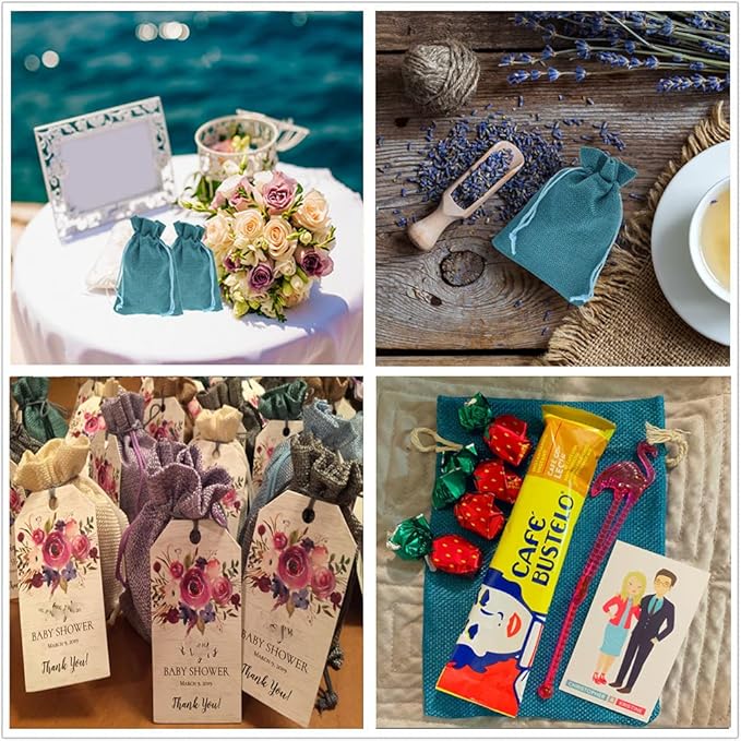 20Pcs Burlap Bags with Drawstring, 5.9x7.5 inch Burlap Gift Bag Linen Jewelry Pouches for Wedding Favors, Party, DIY Craft (Peacock Blue)
