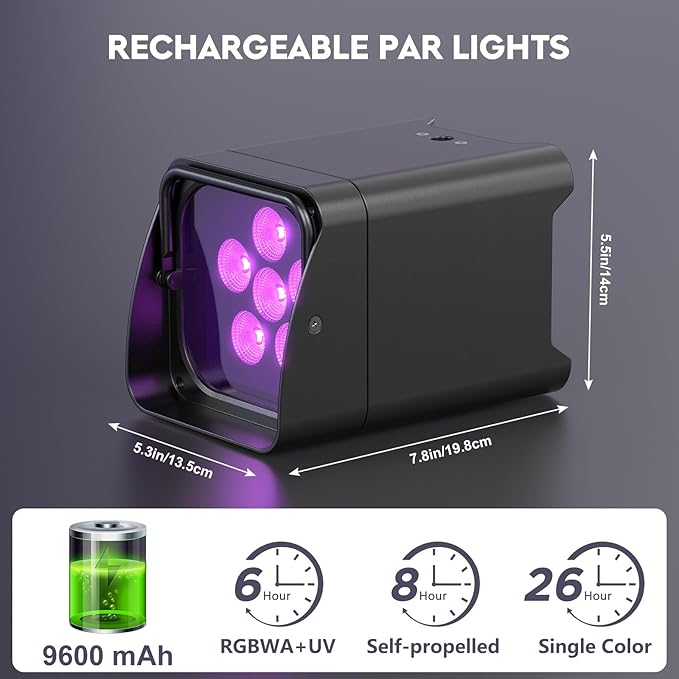9600mAh Wireless Uplights with Charging Case, 6x18W RGBWA UV Stage Lights, APP/DMX512 Controlled Par Lights, Rechargeable Battery Powered Uplights for Show, Party,Black 6 Pack