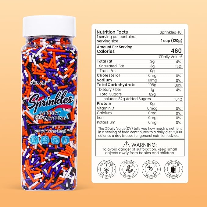 Edible Halloween Jimmies Sprinkles, Halloween Sprinkles, White, Purple, Orange, and Black sprinkles, Jimmy for Decorating, Perfect for Cake, Cupcake, Macaron, Baking, Ice cream, and Cookies(120g/4.23 oz)