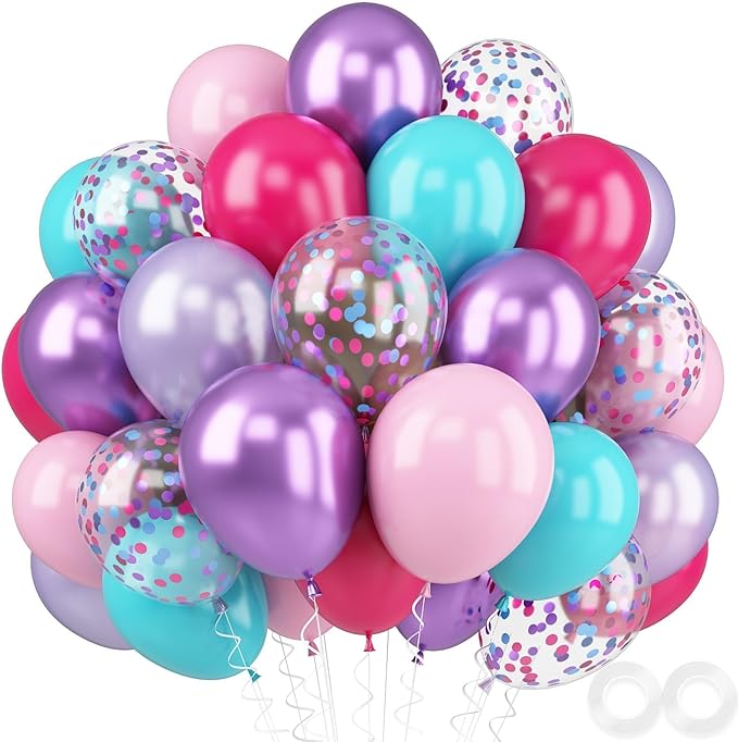 Metallic Chrome Purple Pearl Pink Maca Teal Blue Latex Balloons - 52 PCS 12 Inch with Confetti for Girls Birthday Theme Party Decoration