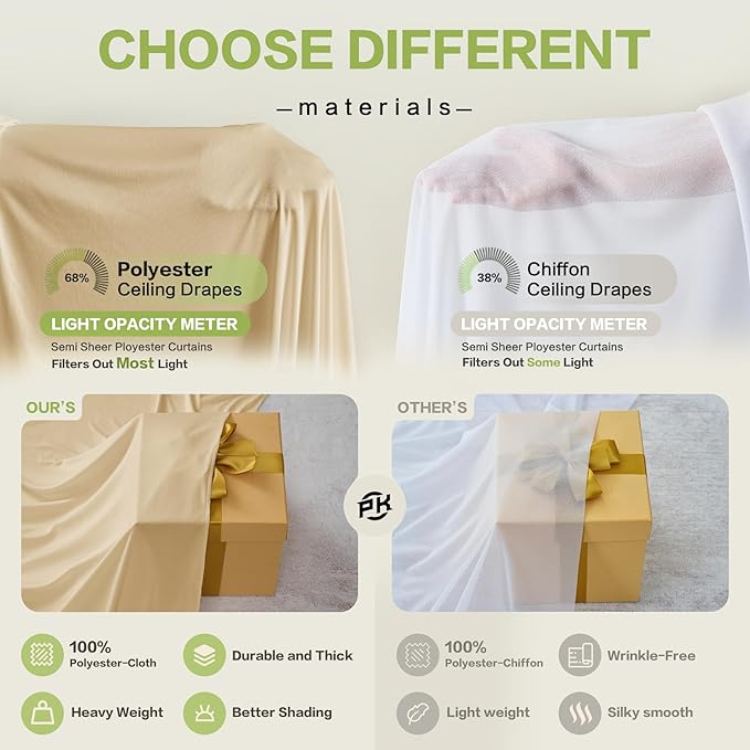PartyVillage 20ftx40ft Beige Ceiling Curtain for Wedding Parties – 4 Panels Wrinkle-Free 40 FT Long Tent Draping Curtains for Wedding, Birthday & Theme Parties, 40ft Height with Rod Pocket