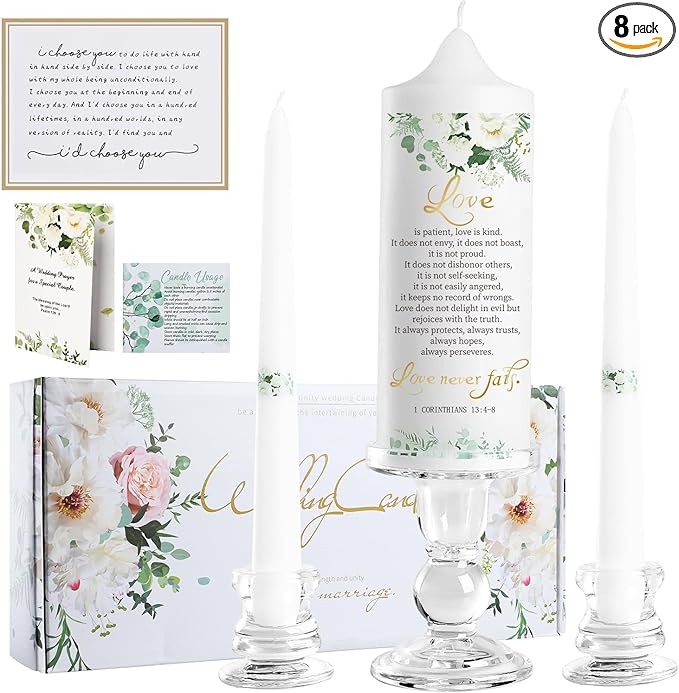 Extrogif 3 Unity Wedding Candles Set with Candle Holder for Ceremony Set, Glass Candlesticks and Pillar Taper Candles - Catholic Bible Religious Weddings Accessories