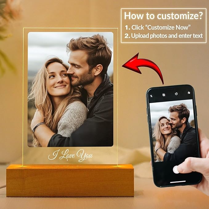 Custom Picture Frames with Photo, Personalized Photo Frame with Night Light, Customized Picture Frame, Personalized Anniversary Couple Gifts for Women Men Her Him Girlfriend Boyfriend