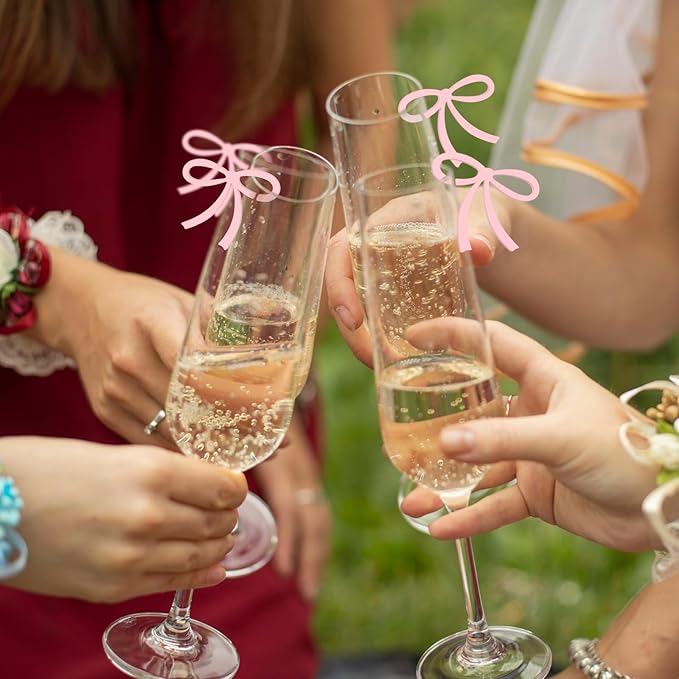 50 Pcs Bows Drink Tags Coquette Bow Wine Glass Charms Acrylic Bowknot Drink Tag for Bachelorette Birthday Wedding Coquette Tasting Party Decor Accessory(Pink)