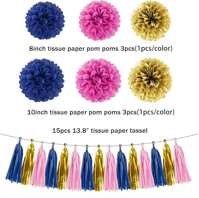 Gold Navy-Blue Pink Party Decorations - 23pcs Tissue Paper Flower Pom Poms Tassel Garland Pennant Banner Flags Streamers Birthday Baby Bridal Shower Engagement Bachelorette Wedding Gender Reveal Decor