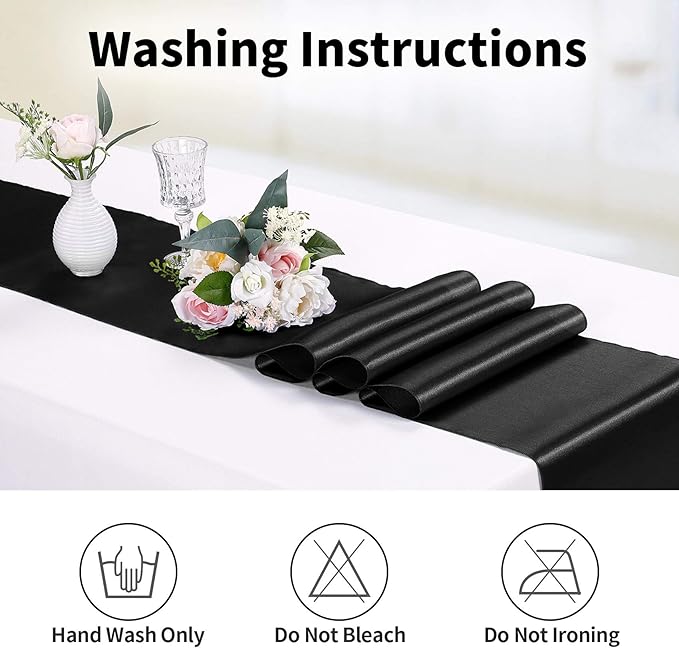 5-Pack Satin Table Runner Black 12 x 108 inches Long, Table Runners for Wedding, Birthday Parties, Banquets Decorations（5 Pack, 12x108 Inch, Black）