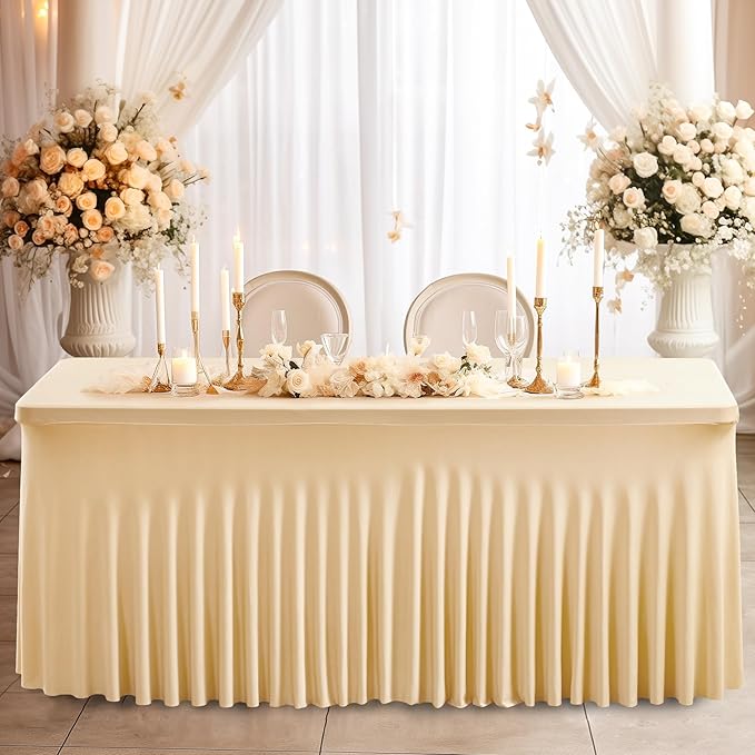Wish Care 6 Pack Champagne Spandex Table Clothes for 8 Foot Rectangle Tables, 8FT Wrinkle Free Fitted Tablecloths Ruffles Design Table Cover for Party, Banquet, Wedding and Events