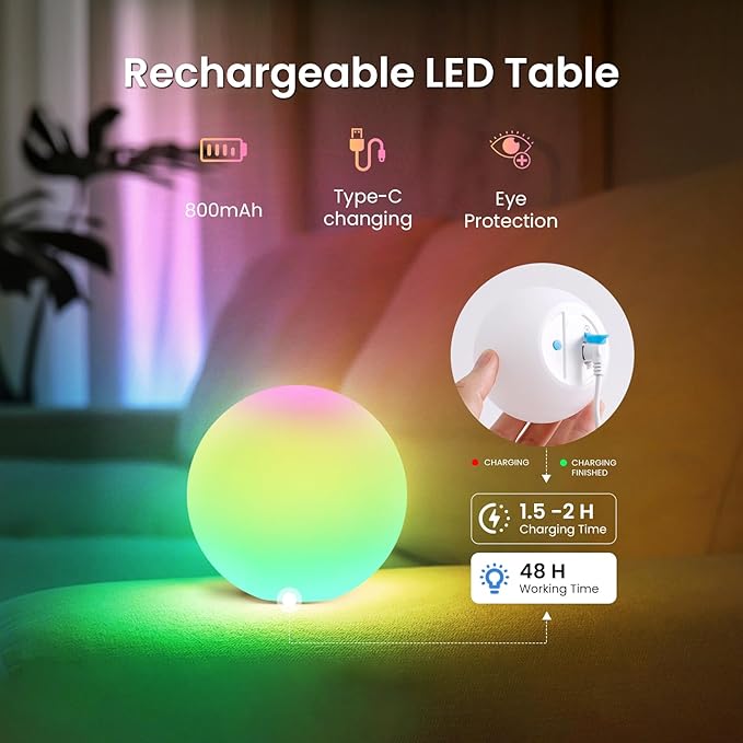 LOFTEK LED Ball Light, Multi-Color Rechargeable Night Lights, 3-inch RGB Ball Mood Lighting, Waterproof Ambient Lighting Lamp for Home Bedroom Patio Pool Decorative Lighting, 4 Pack